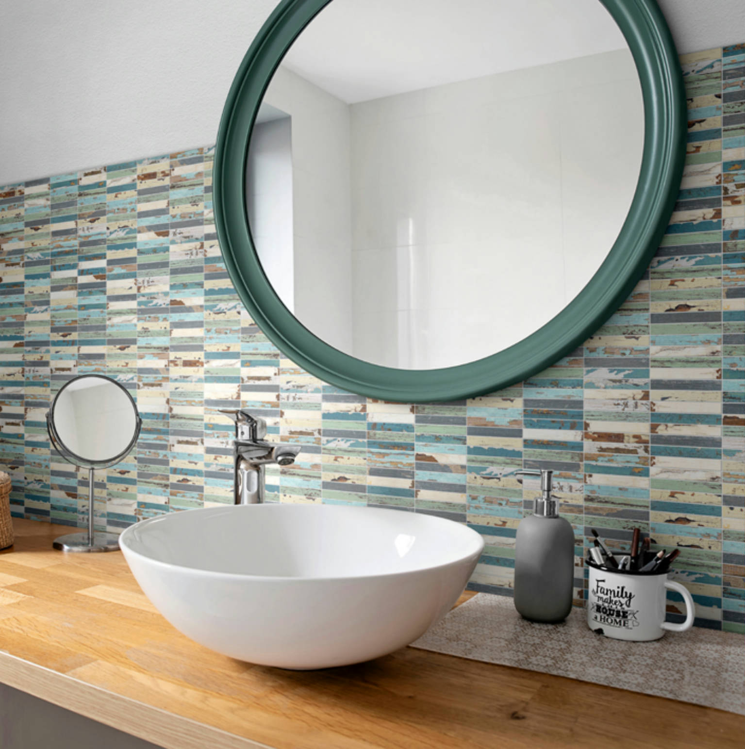 0.7x4 Wood Rectangles Mix Beige/Blue Ceramic Mosaic | Ren-Tile (Reinassance)